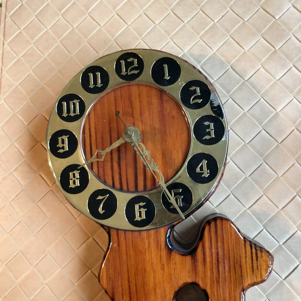 Retro Telephone Wall Clock Wood Handcrafted